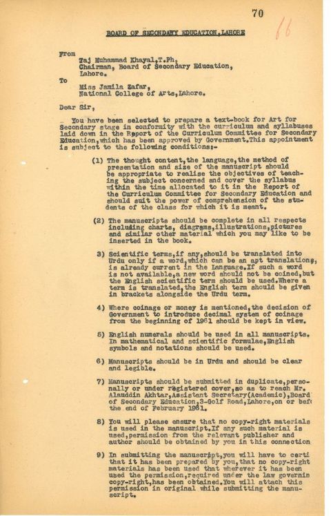 Typewritten letter. A description of the terms for writing a textbook about art with nine conditions listed on the page.