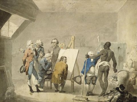 Watercolour. A muscular Black man with only a white cloth up around his waist stands facing away from us to our right in an artist’s studio. Five pale-skinned men crouch, sit, or stand around a canvas propped on an easel to our left. A sixth man reaches up to touch the Black man’s chin. A child cowers behind a cradle in the lower right corner of the picture, looking up at the model in fear.