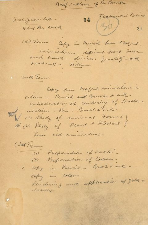 Handwritten document. Written in black pen on yellowed paper. Titled “Brief Outline of the Course.” Sections below include, “3rd year Art”, “1st Term”, “2nd Term”, and “3rd Term”.
