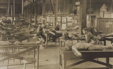Black and white photograph. At least a dozen dead, human bodies in various stages of decay are laid out on tables. Three men cluster around one body to our right. Two more examine other bodies nearby. The room has a high ceiling and walls are hung with illustrations and diagrams.