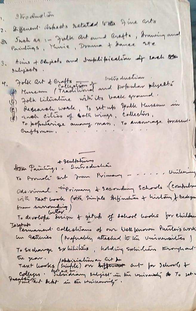 Handwritten notes. This unlined paper is filled with notes in black pen, beginning with “1. Introduction 2. Different Artefacts related to the fine arts”.