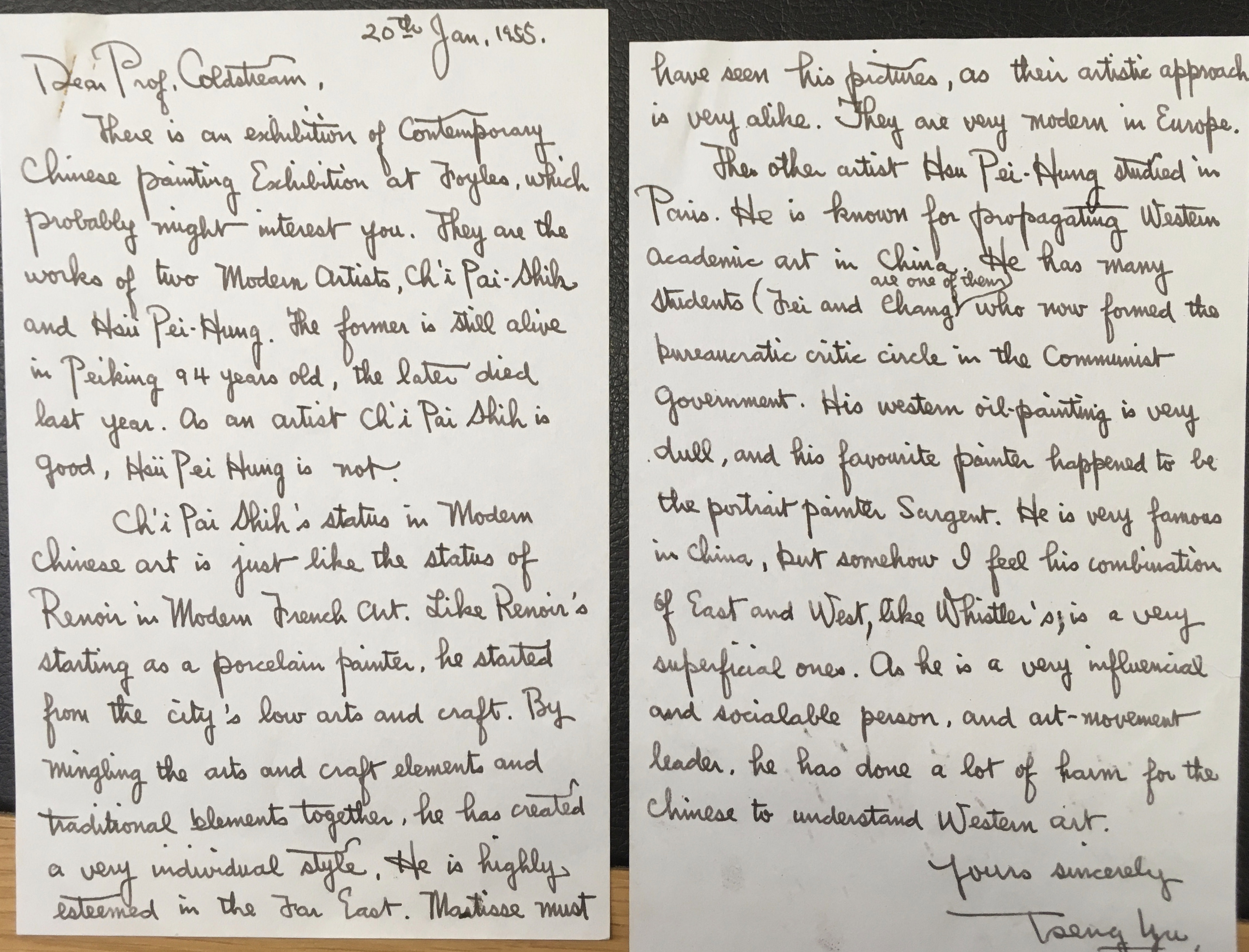 Handwritten letter. This two-page letter has text that reads, “There is an exhibition of Contemporary Chinese Painting Exhibition at Foyles, which probably might interest you”. The letter goes on to share information about two artists, Ch’i Pai Shih and Han Pei-Hung.