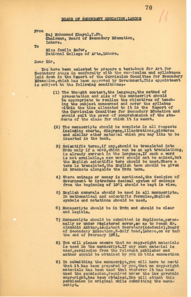 Typewritten letter. A description of the terms for writing a textbook about art with nine conditions listed on the page.