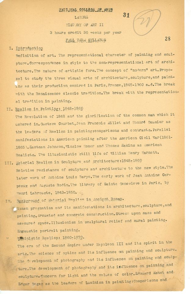 Typewritten document. Syllabus with the following sections: “Introduction”, “Realism in Painting: 1848-1860”, “Material Realism in Sculpture and Architecture: 1848-1860”, “Background of Material Realism in Ancient Roman”, and Luministic Realism: 1860-1870”. Each has a brief summary.