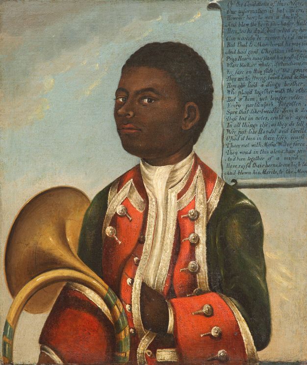 Painting. Shown from the waist up, a clean shaven young man with dark brown skin and short black hair looks at us from the corners of his eyes. He wears a red, dark green, and white a military uniform lined with shiny buttons. One hand is tucked into the front of his jacket and a brass horn is by his other side. A long inscription appears on a blue scroll in the upper right.