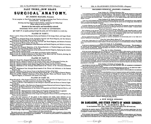 Ad. Two pages of closely printed text that begin, “Part Third—Now Ready. Surgical Anatomy. By Joseph Maclise, Surgeon”. The left page lists the plates in parts one, two, and three. The second page is mostly reviews.