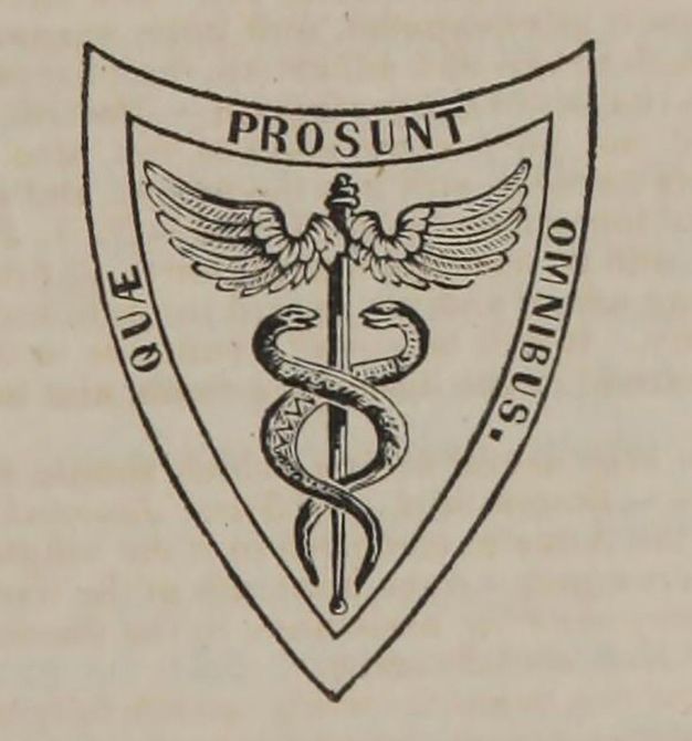 Insignia. This printer’s mark shows a caduceus, a winged staff between spiralling snakes, set into a shield. A Latin inscription around the edge reads, “Quae Prosunt Omnibus” (benefit to all).
